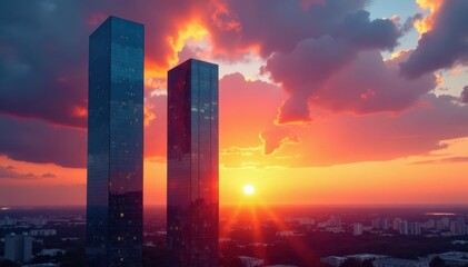 Sleek glass towers pierce a dramatic sunset sky , steel, twilight, architecture photography