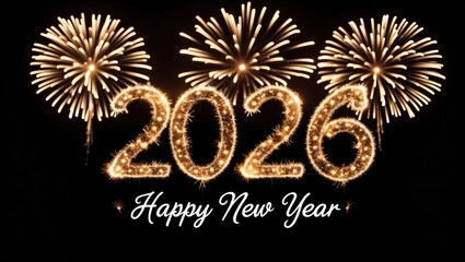 happy new year, festive greeting card - featuring sparkler font and fireworks pyrotechnic, set against a black night sky backdrop