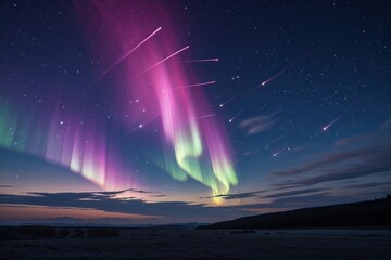 Stunning Ethereal Aurora and Shooting Stars in Twilight Over Cosmic Sky