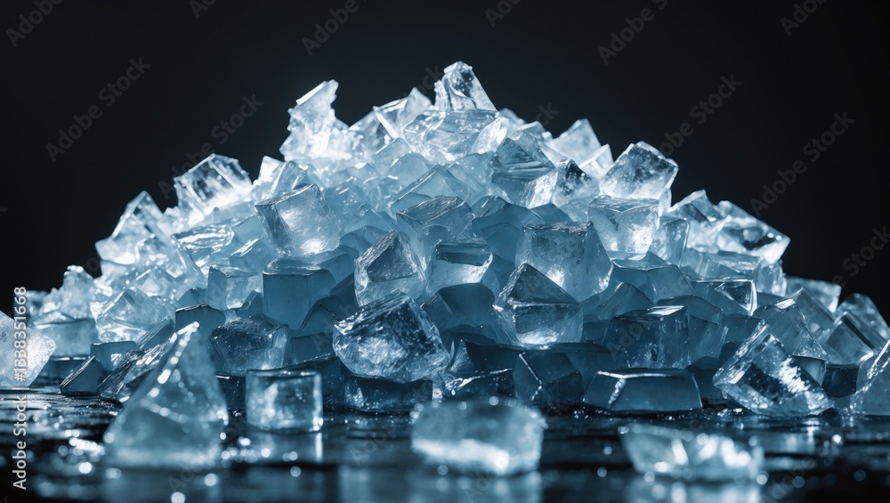 Poster pile of crushed ice cubes on a dark background with space for text. crushed ice cubes in the foregro