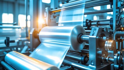 The functioning of an automatic plastic bag production machine featuring a lighting effect. A close view of the roller of the plastic bag production machine in a light blue environment. Product pac...