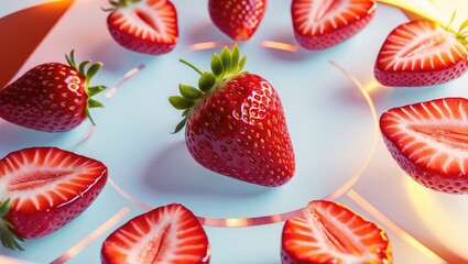 Cut strawberries on a white background from above, isolated view.