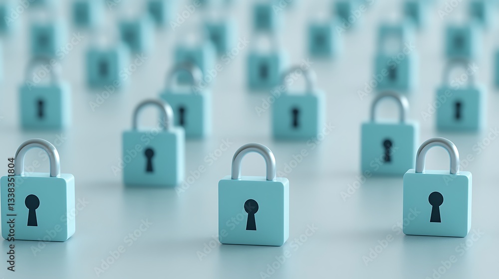 Poster digital security concept with rows of blue locks symbolizing data protection and privacy in a modern