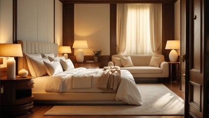 Cozy Bedroom Interior Featuring Gentle Lighting and Stylish Bedding Arrangement