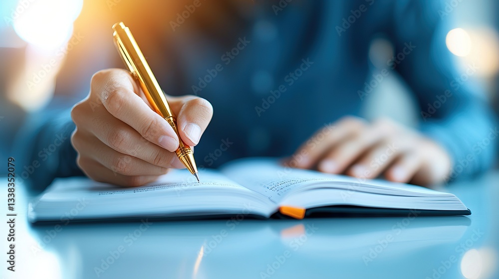 Aufkleber a person writing in a notebook with a pen, focused on their task in a softly lit environment.