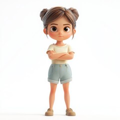 Cute animated girl with brown hair in shorts and serious expression