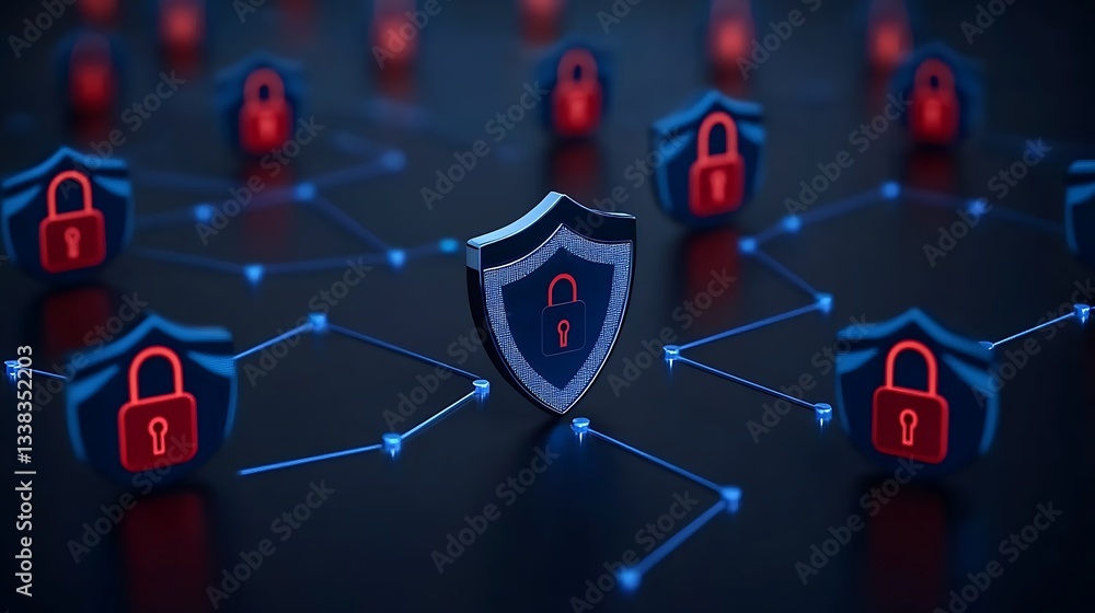 Poster digital security concept with shield and lock symbols in networked environment