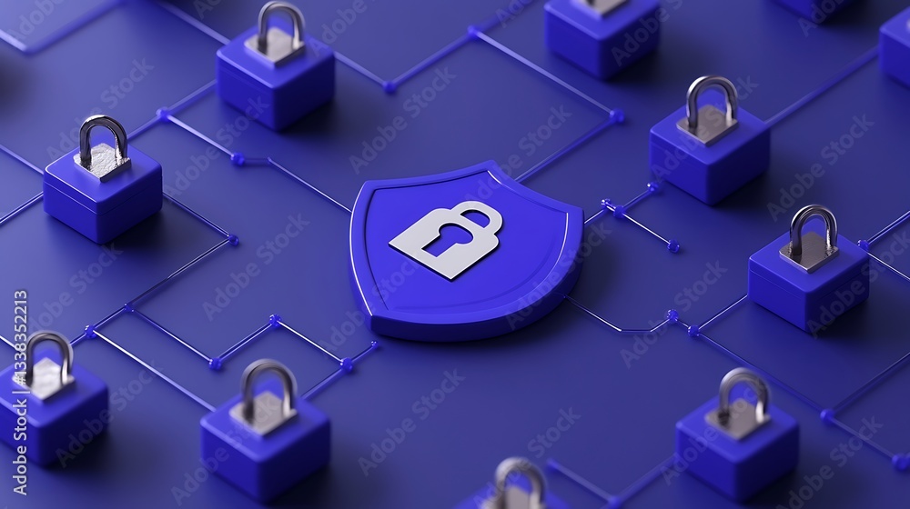 Poster digital security concept with shield and locks on blue background, cyber protection and data securit