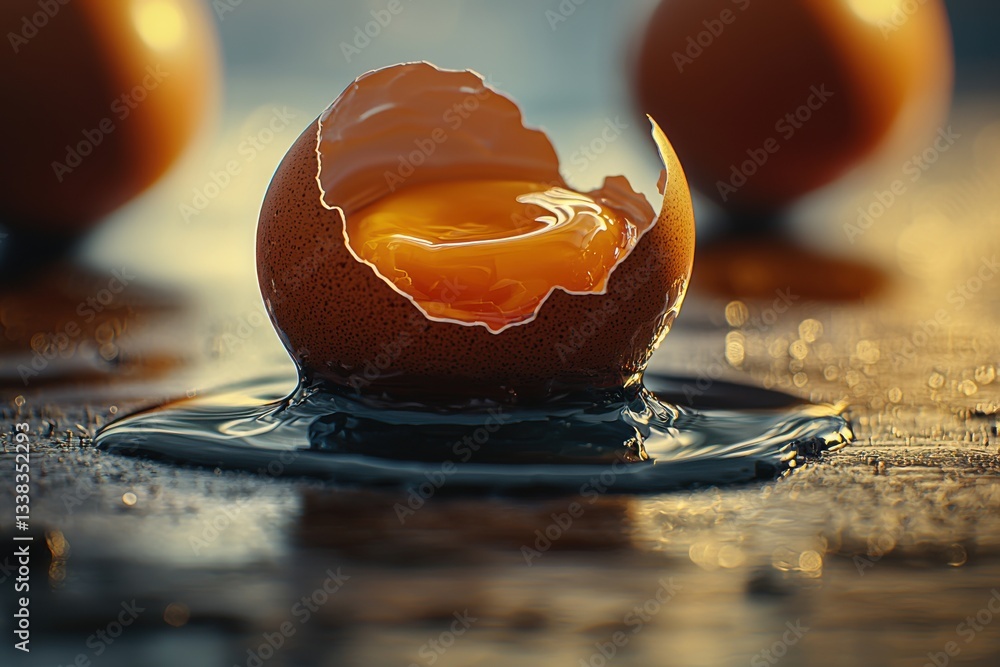 Poster dramatic close-up of a broken egg with yolk spilling out onto a glossy surface, illuminated by golde