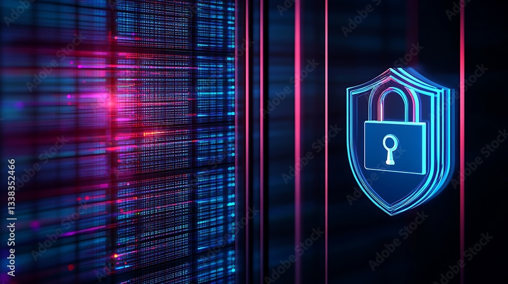 Poster digital security concept with shield icon and data flow background for cyber protection and online s
