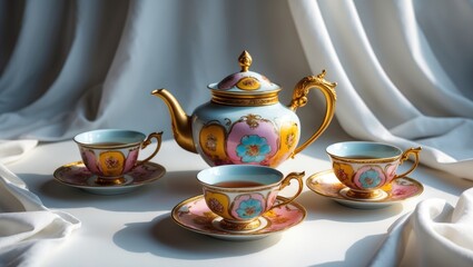 Fototapeta premium Mockup design collection featuring elegant and traditional teapot alongside colorful coffee and tea cups on saucers, positioned next to a hot teapot, showcasing drinkware against a white backdrop.