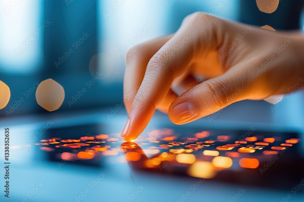 Poster a hand interacts with a glowing touchscreen, surrounded by soft bokeh lights in a modern setting.