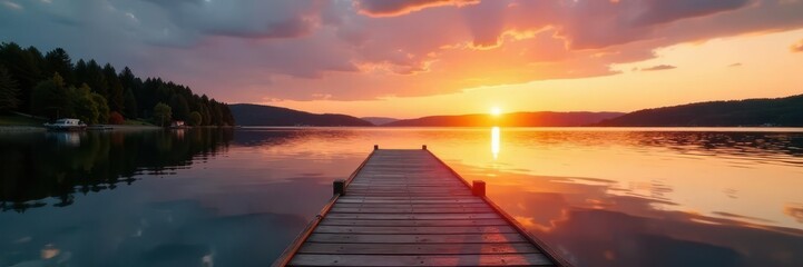 Obraz premium Sunset casts golden light on a wooden dock stretching across Torch Lake's still surface , golden light, USA, pier