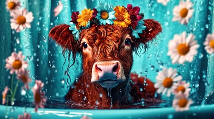A cute cow adorned with a flower crown stands in a refreshing blue water scene, surrounded by splashes and daisies, creating a whimsical and playful atmosphere.