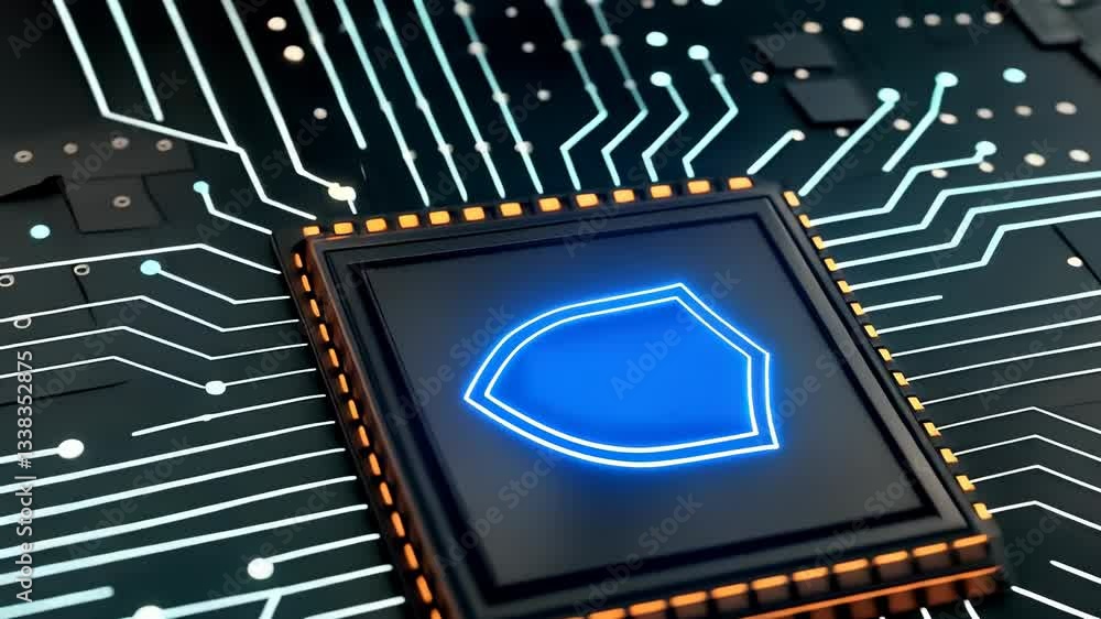Poster futuristic microchip with glowing shield icon symbolizing cybersecurity, data protection, and techno