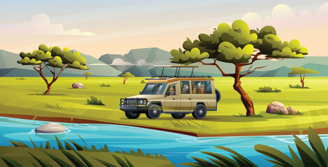 Safari vehicle parked by a riverbank, surrounded by the lush savanna landscape. Vector cartoon landscape illustration © YG Studio