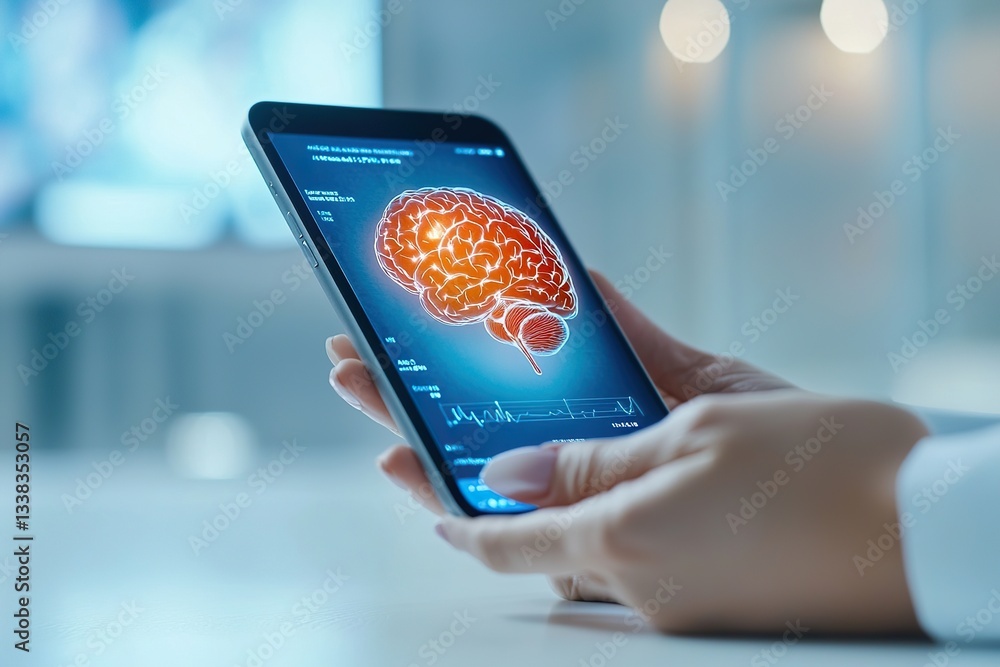 Poster a hand holds a smartphone displaying a colorful brain diagram and data analysis.