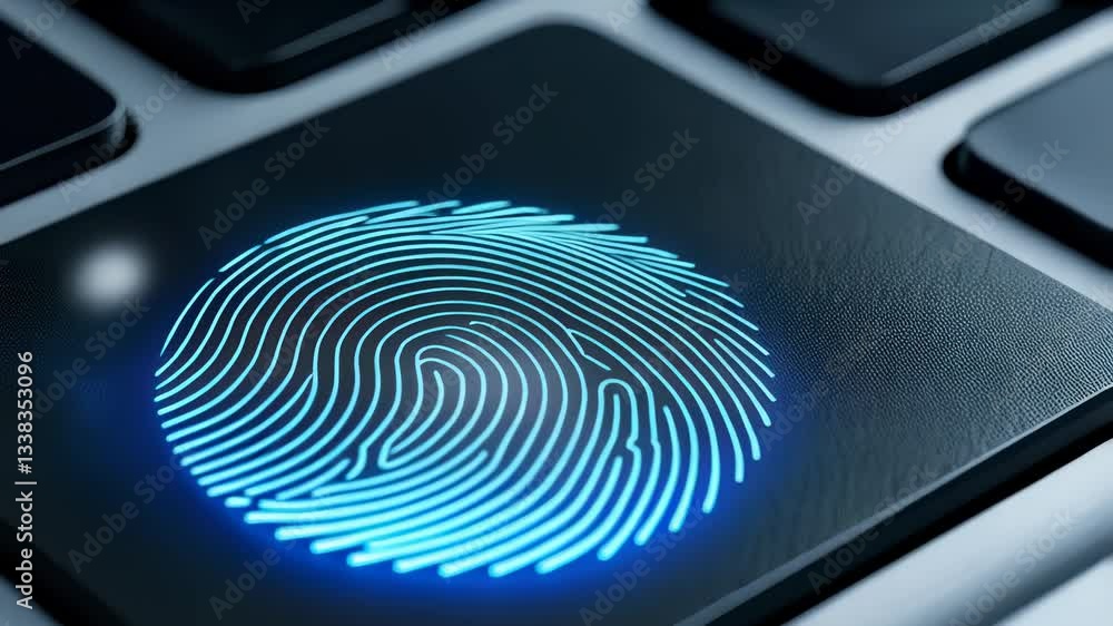 Poster glowing blue fingerprint scanner on keyboard symbolizing biometric security and advanced technology