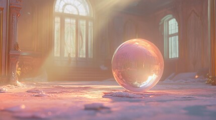 Magical crystal ball floating in a brightly lit fantasy room.