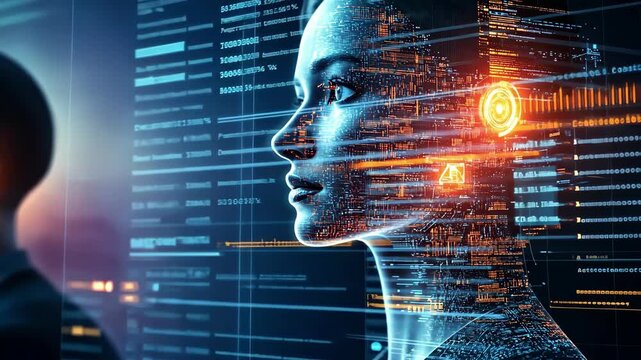 Human head with binary code background representing technology and digital connections