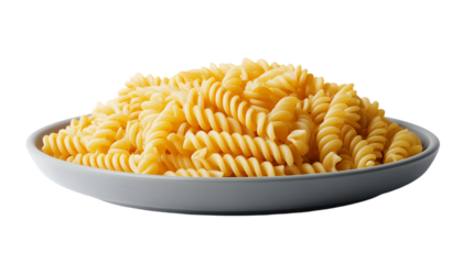 Cooked elbow macaroni pasta in a gray plate shown on transparent background for food and meal visuals