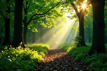 Fototapeta premium Sunlit forest path, leaves dappled, morning mist , magical, quiet