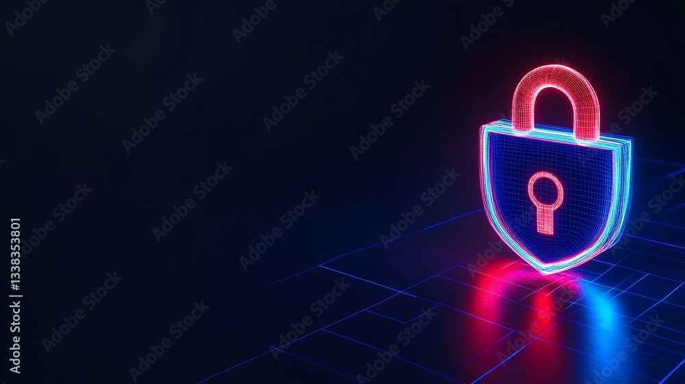Poster digital security lock icon with neon glow on abstract dark background in cyber technology concept