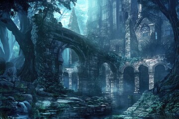 Naklejka premium An old ruined stone castle structure overgrown in a forest scene