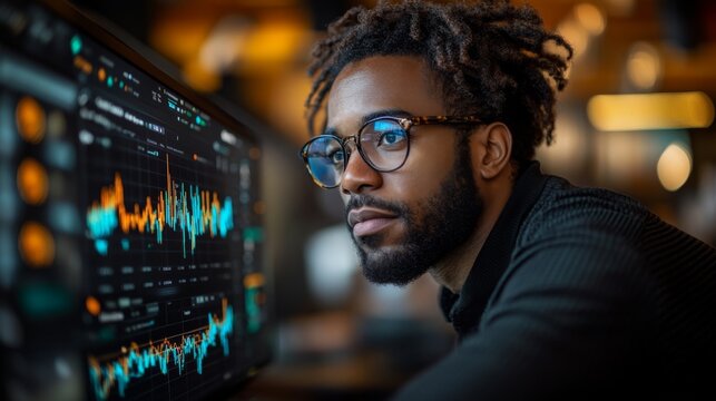 A young professional analyzes quantum algorithms and machine learning datasets on a computer screen in a contemporary tech environment. The atmosphere is focused and innovative.