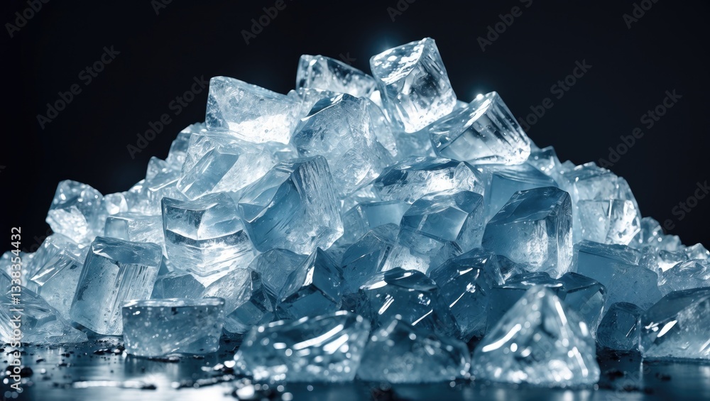 Poster pile of crushed ice cubes against a dark backdrop with space for text. crushed ice cubes in the fore