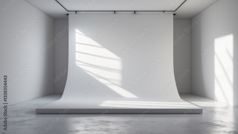 Poster abstract white studio background for product display. vacant room featuring window shadows. present 