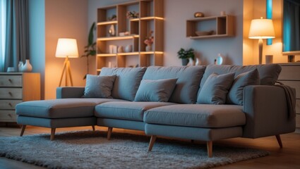 Interior of living room featuring a glowing lamp, a cozy sofa, and a shelving unit.