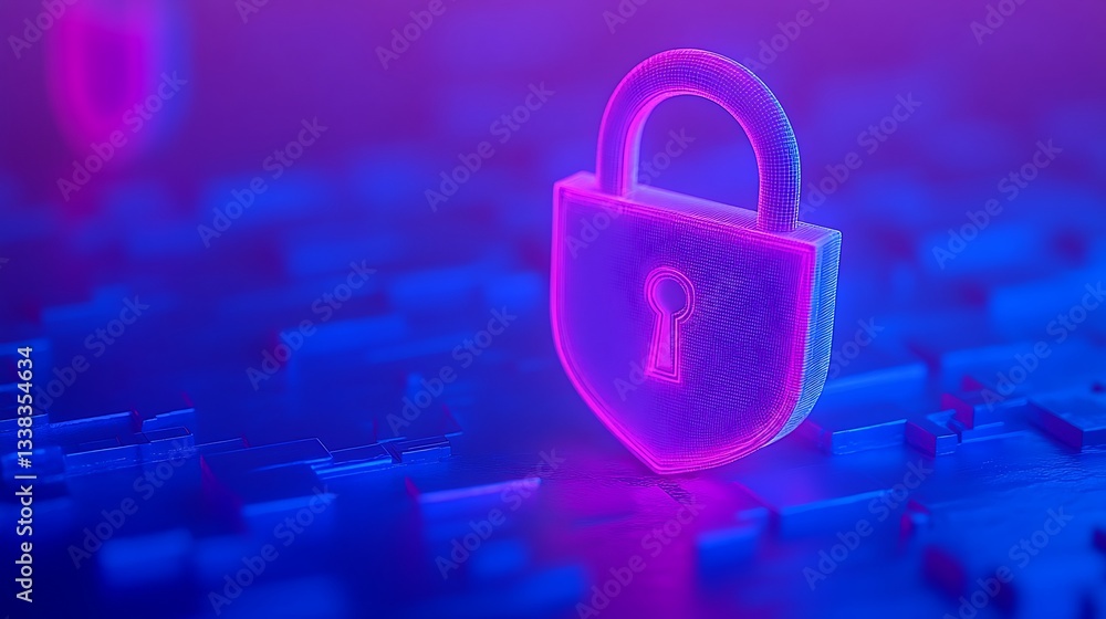 Poster digital security lock symbol in neon colors representing cybersecurity and data protection themes