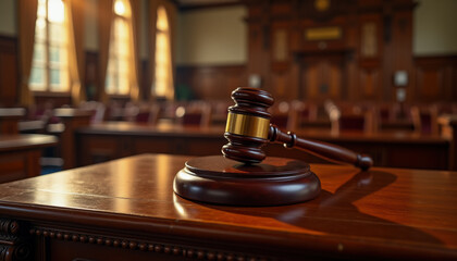 Courtroom setting with a gavel resting on a wooden desk highlighting the judicial process in an American legal system.