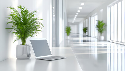 Fototapeta premium Modern Hospital Reception Interior with Bright Lighting and Greenery. Concept of Healthcare Facilities, Clean Design, Welcoming Environment