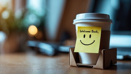 Back to Work Theme. Closeup of Welcome Note on Takeaway Coffee Cup at Office Desk. Message from a Colleague or Supervisor.