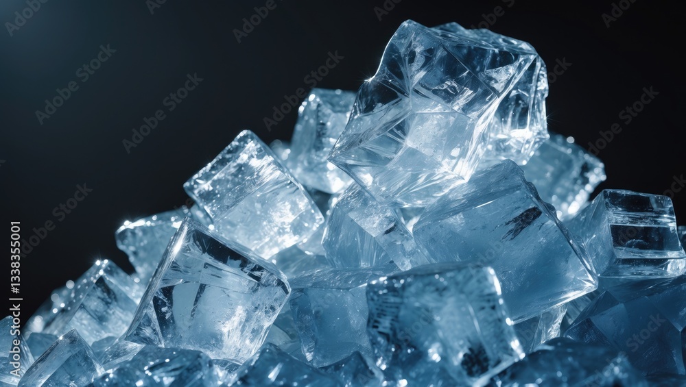 Poster pile of crushed ice cubes on a dark background featuring empty space. crushed ice cubes in the foreg