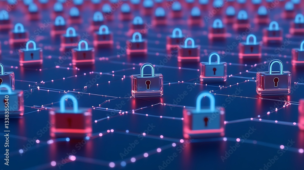 Poster digital security locks in a network of glowing connections illustrating data protection and cybersec