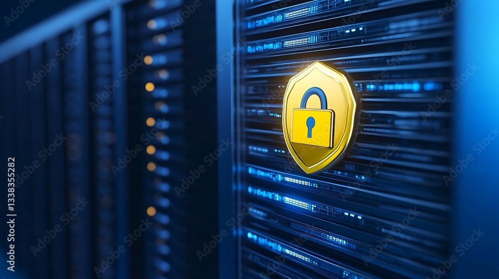 Poster digital security shield icon on server rack with data storage and protection concept in technology e