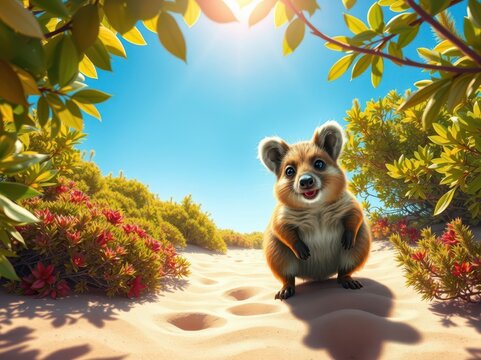 Smiling potoroo on sandy beach