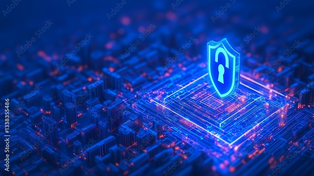 Poster digital security shield symbol over electronic circuit board representing cyber protection and data 