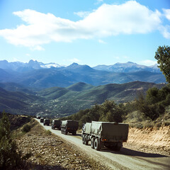 Naklejka premium Military convoy transporting supplies mountain road photo scenic landscape aerial view logistics operations