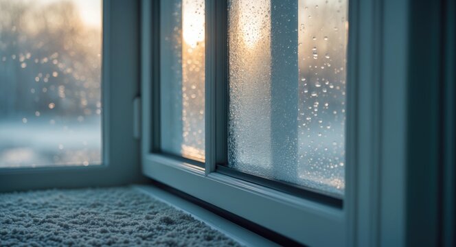 Close-up of a double glazed window door showing condensation caused by high moisture levels in the house during winter, which occurs when the seal between the panes is compromised or the desiccant ...