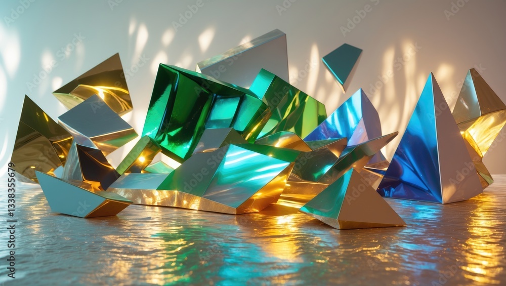 Poster colorful light reflections on a metallic surface featuring intricate textures.