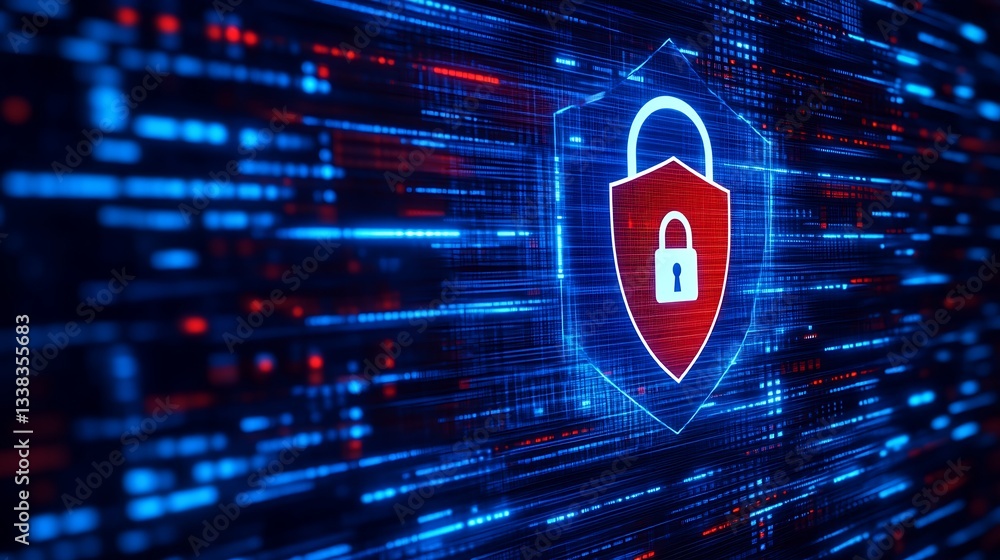 Aufkleber digital security shield with lock icon and futuristic data background in vibrant blue and red colors
