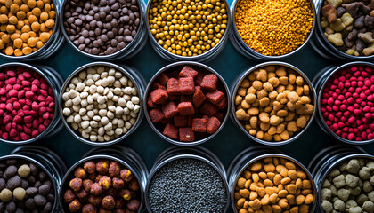 Variety of canned wet and dry packaged cat food arranged in metal bowls. Concept of pet nutrition, balanced diet, feline health, feeding routine, and quality ingredients. Top view