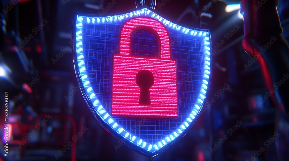 Poster digital security shield with neon lock symbol highlighting cyber protection and data privacy concept