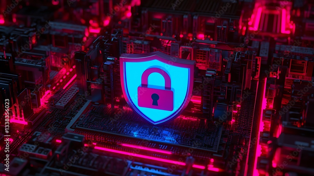 Poster digital security shield with padlock on futuristic circuit board background in neon colors