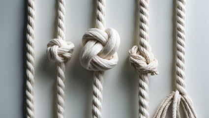 Cotton ropes with knots isolated on a white backdrop.