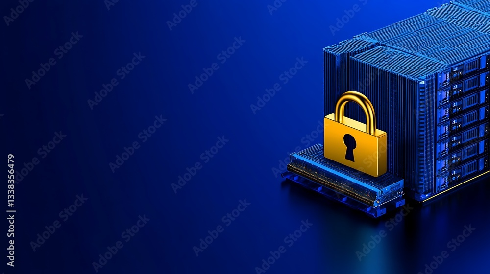 Poster digital server storage with golden padlock symbolizing security and data protection in technology ba